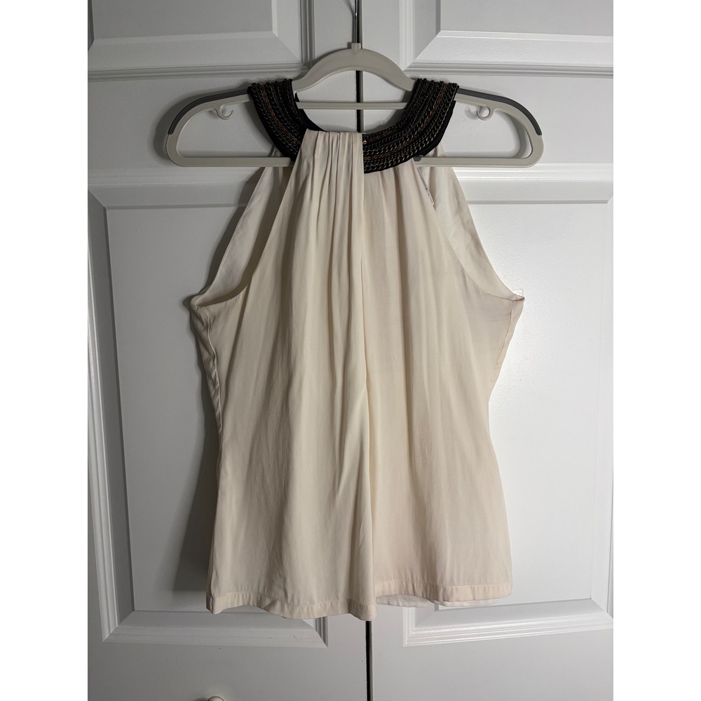 Cache Ivory Silk Blend Halter Top Y2K Chain Sequin Neck Keyhole Blouse Medium